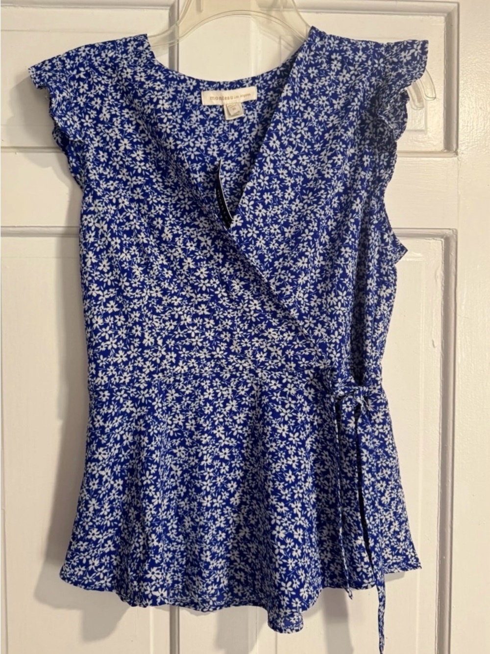 Monteau Royal Blue Floral Wrap Peplum Top